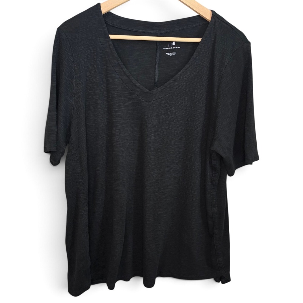 J Jill Shirt Womens XL Black Pima Cotton Slub V Neck A Line Tee Short Sleeve Top